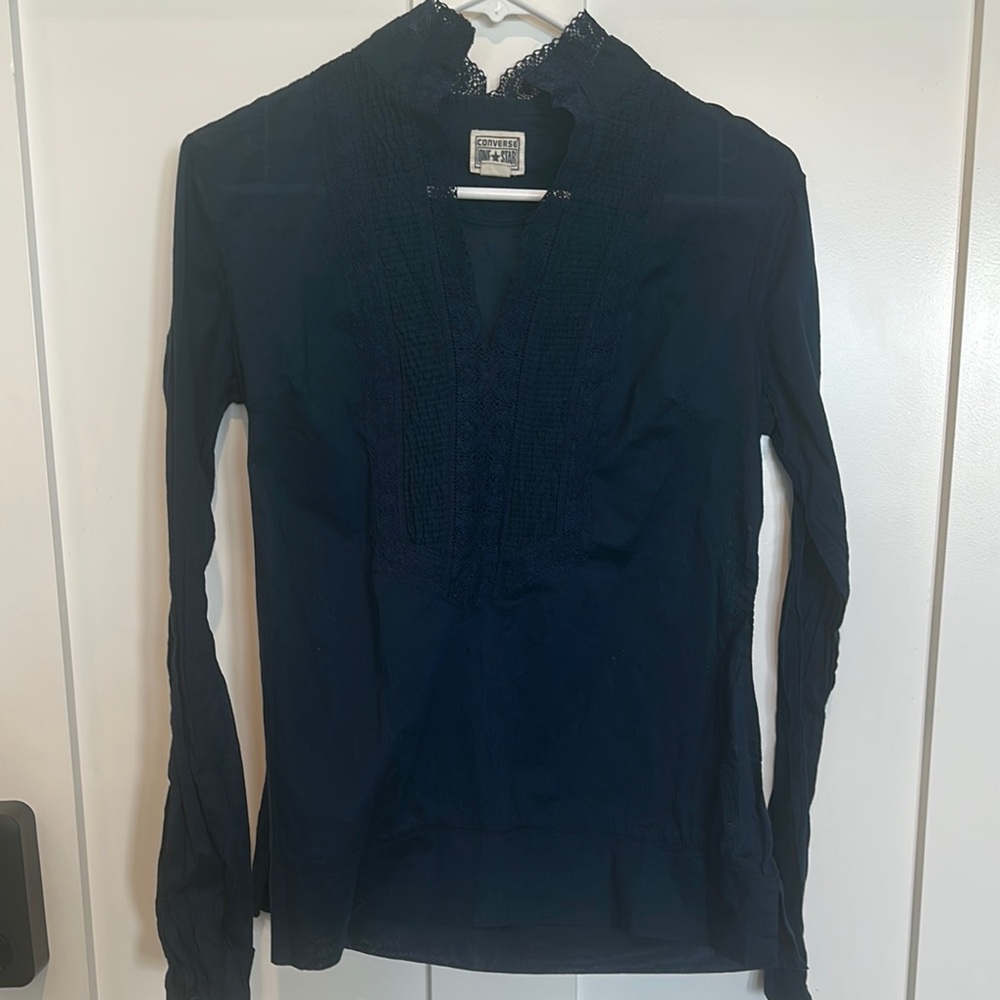 Navy Blue Lace Trim Women's Top